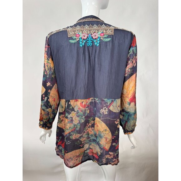 Johnny Was Embroidered Floral Tunic Top With 3/4 Sleeves & Mandarin Collar In Sh - Picture 8 of 16
